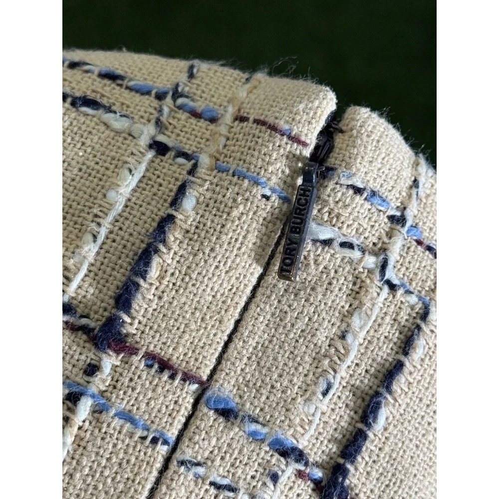 Tory Burch Evie‎ Career Dress Size 10 Woven Neutral Tan Blue Quiet Luxury